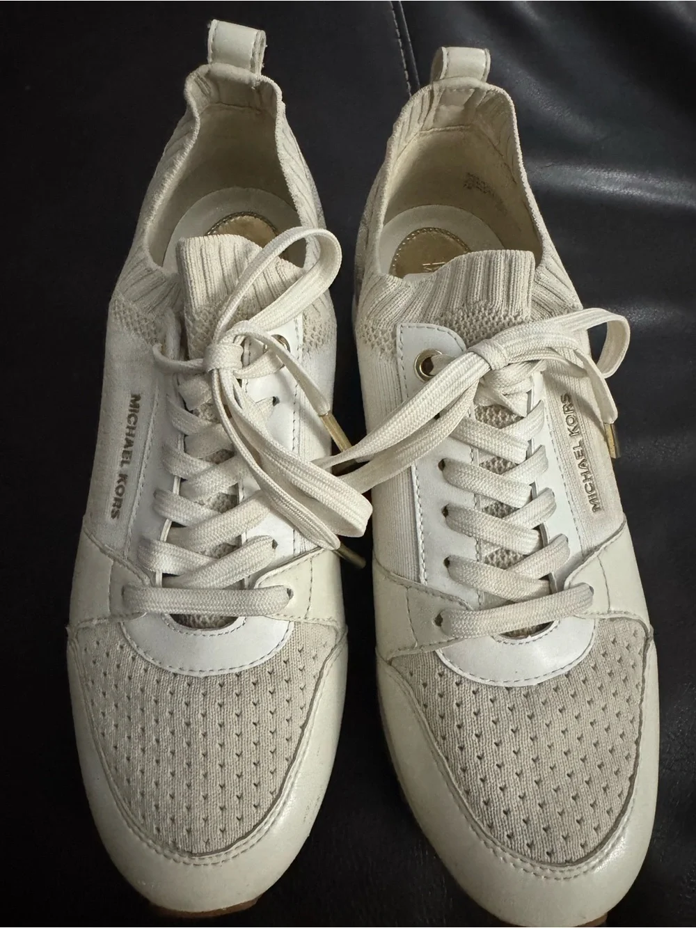 Michael Kors Cream Knit Lace-Up Sneakers with Gold Accents